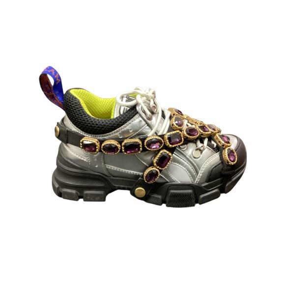 Gucci Shoes Women’s SZ 4 Flash Trek (34) With Removable Strap Of Crystals Silver - Picture 4 of 11